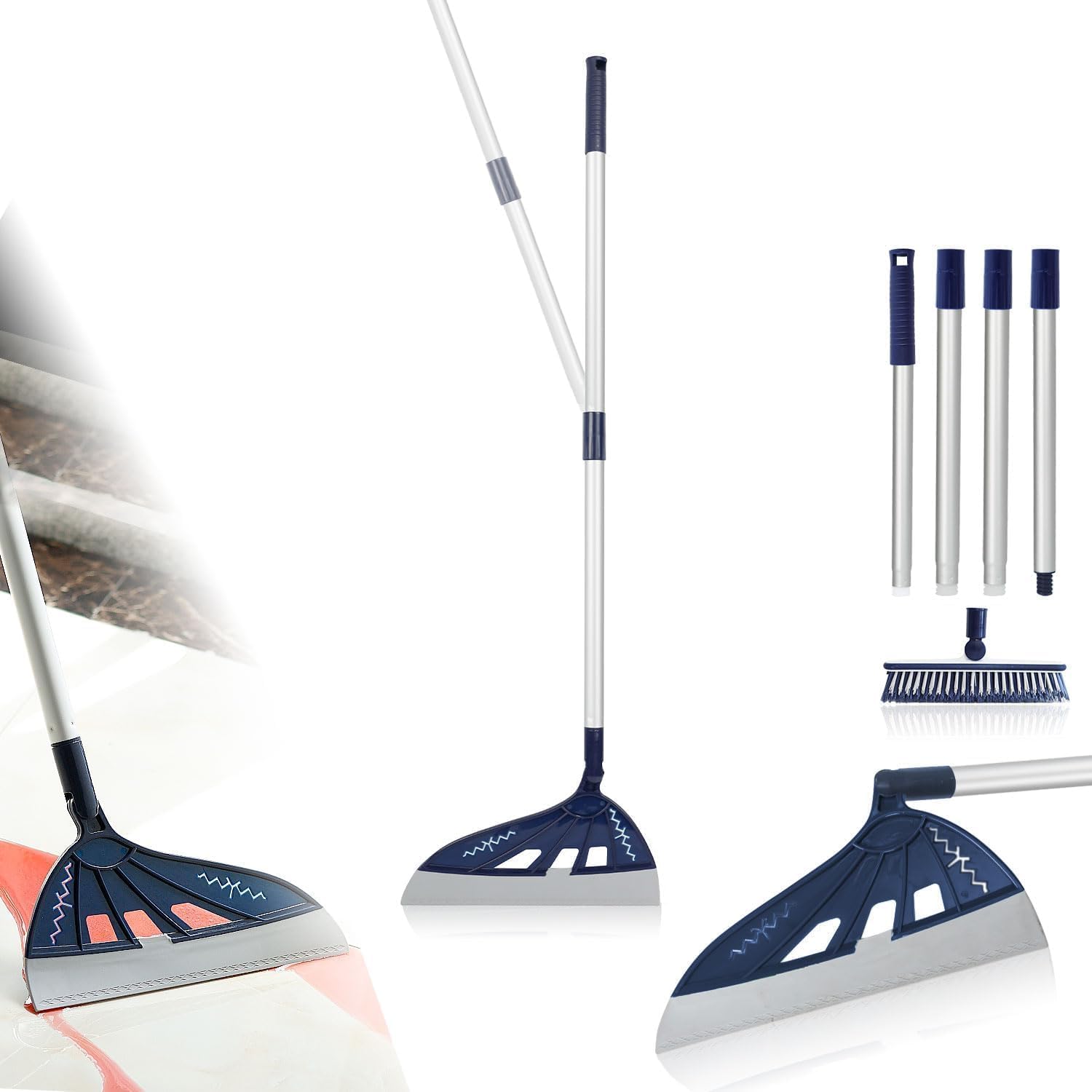Heilo Magic Broom Sweeper Household Silicone Broom, Multifunction Squeegee with 2 Heads Brush and Scrape, Magic Broom with Extra-Long Adjustable Aluminum Handle for Floor, Glass, Tile (Ocean Blue)