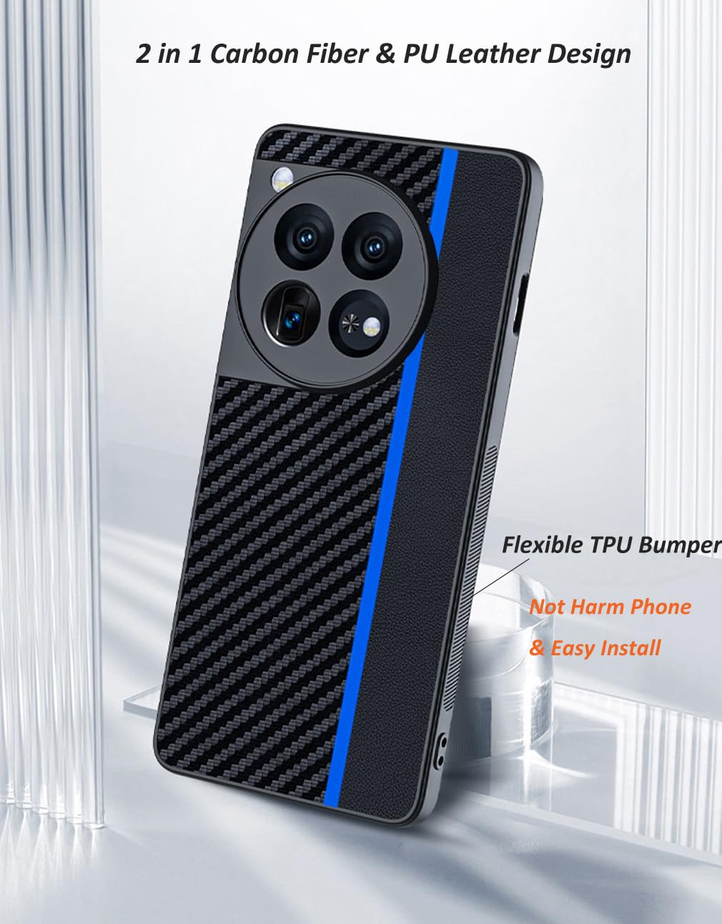 Ftonglogy for OnePlus 12 5G Case: Slim Thin Carbon Fiber Classic Design Soft Hybrid Bumper Lightweight Anti Fingerprint Shockproof Protective Cell Phone Cover 1 + 12 (Blue)