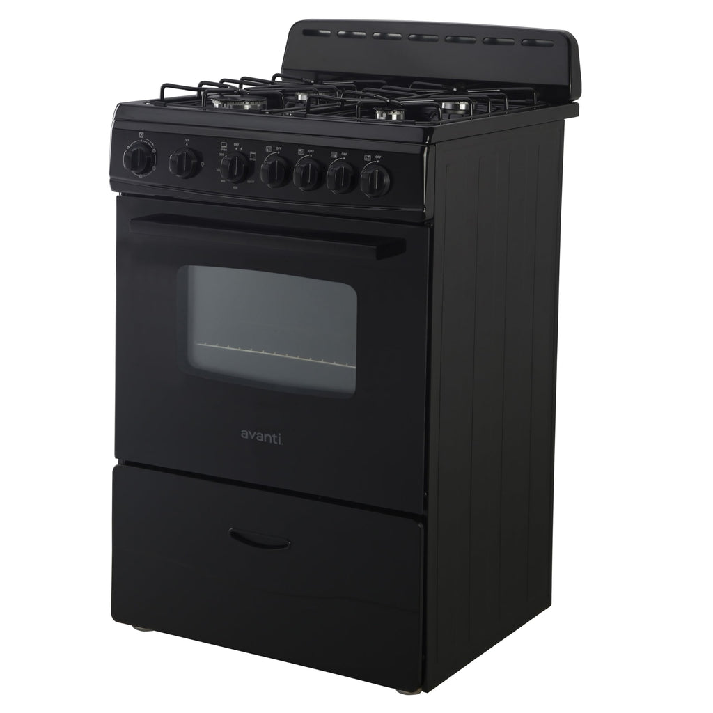 Avanti Gas Range Oven, Compact Freestanding Design, 4 Sealed Burners with Electronic Ignition, 2.6 Cu.Ft. Capacity Features Storage Drawer Broiler and Accessories, 24-Inch, Black