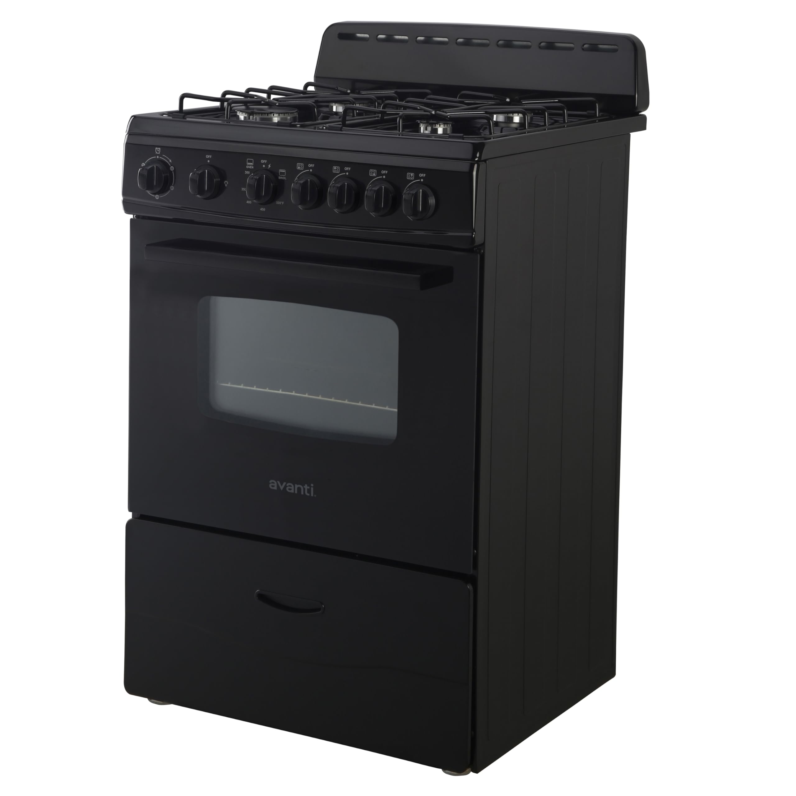 Avanti Gas Range Oven, Compact Freestanding Design, 4 Sealed Burners with Electronic Ignition, 2.6 Cu.Ft. Capacity Features Storage Drawer Broiler and Accessories, 24-Inch, Black