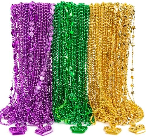 Mardi Gras Beads Decorations, 120PCS Green Purple Gold Metallic Mardi Gras Beads Necklaces Accessories Bulks, Mardi Gras Beads Necklace Costumes for Parade Throws Party Decor Favor Supplies