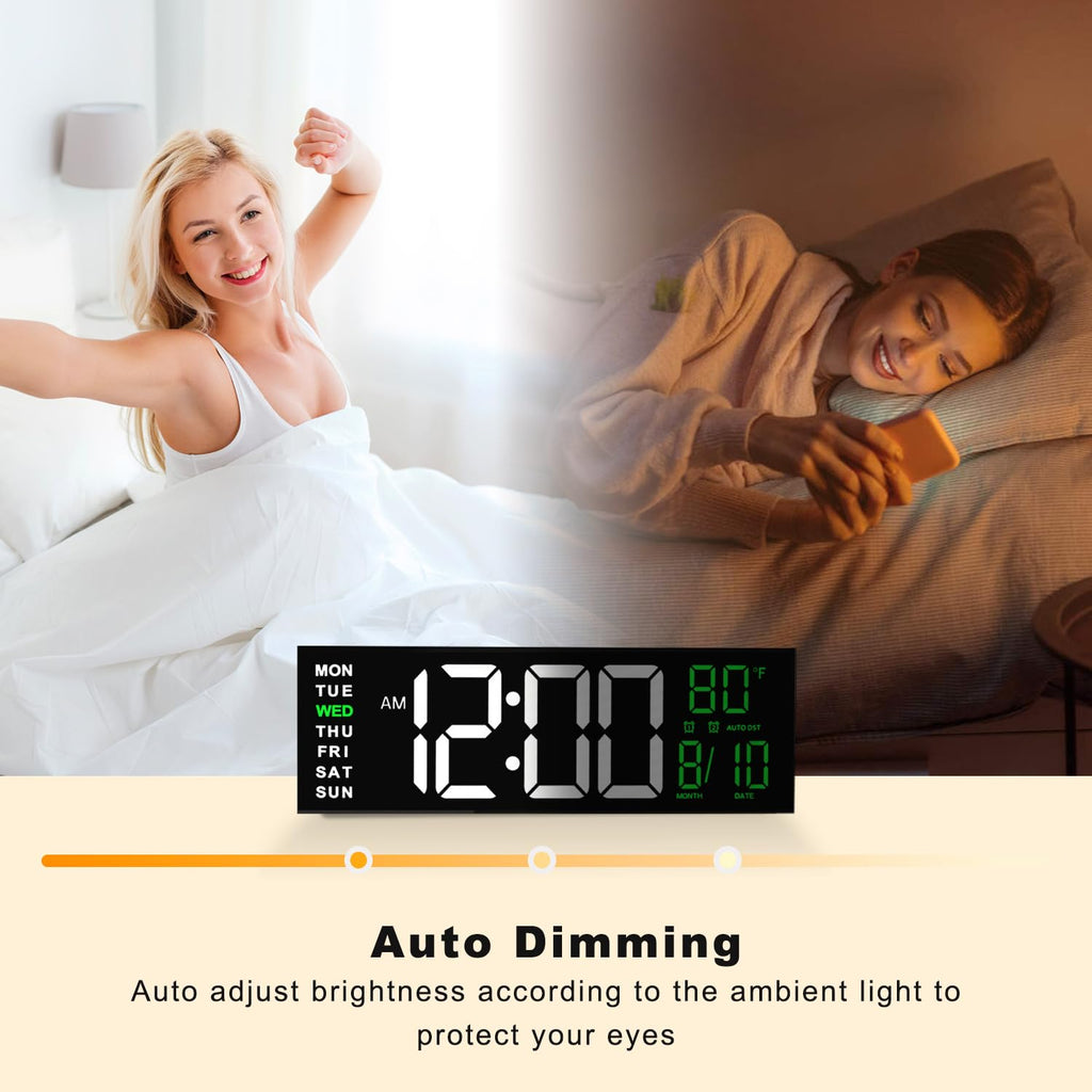 JALL 16" Large Digital Wall Clock Timer, Remote Controll, 2 Alarms, LED Display, 8 RGB Color, Auto DST, Temperature for Living Room, Bedroom, Desk, Mounted, Gift for Elderly (White Green, 16 inches)