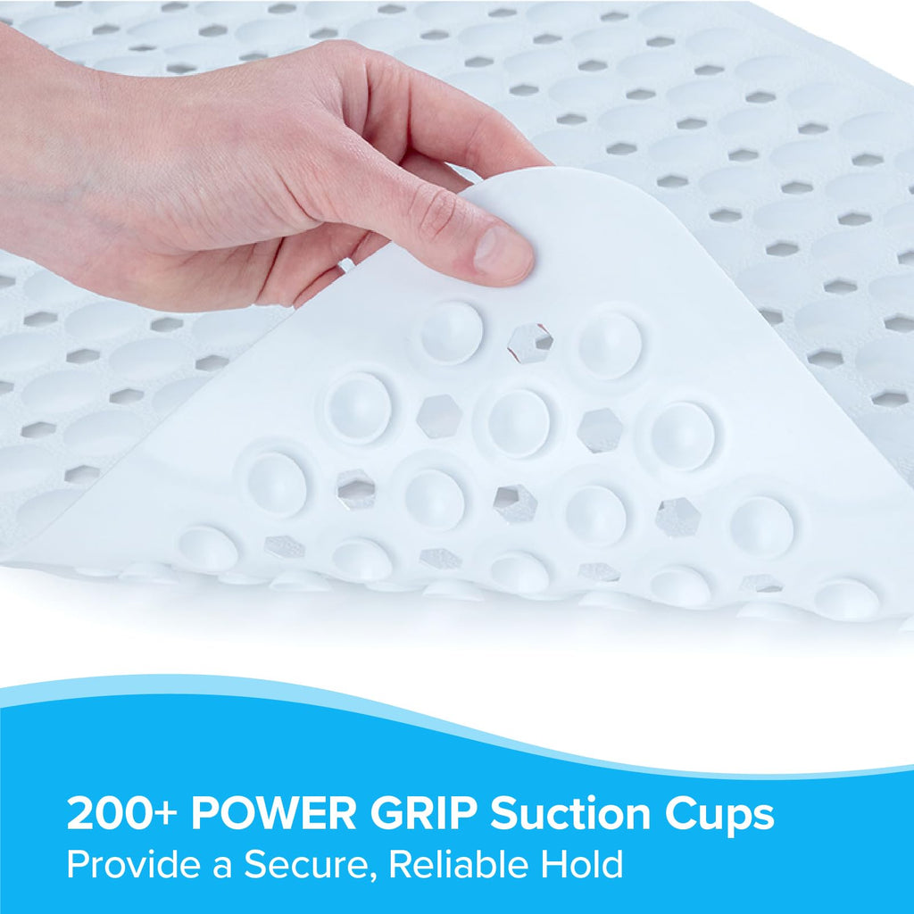 SlipX Solutions Power Grip Extra Long Bath Tub & Shower Mat 39x16, Wet Floor Non-Slip for Elderly & Kids Bathroom, 30% Longer Bathtub Mats, 200 Suction Cups, Drain Holes (1, Solid White)