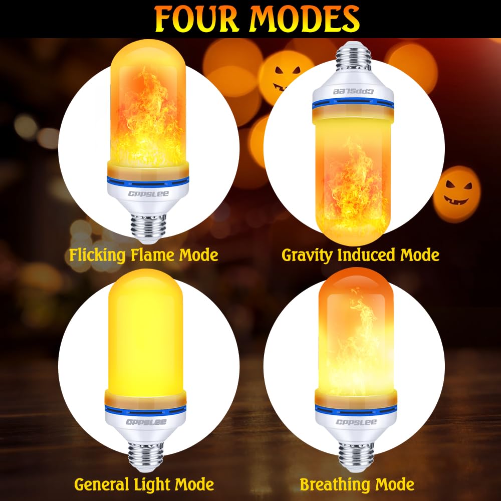 CPPSLEE LED Flame Light Bulbs, 4 Modes Flickering Light Bulbs, E26 Base Fire Flame Bulb, Halloween Decorations Outdoor Indoor, Halloween Light Bulbs (Yellow, 2 Pack)