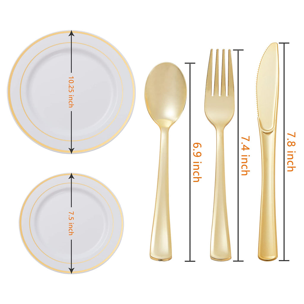 N9R 125PCS White Plastic Plates with Gold Rim & Disposable Gold Plastic Silverware Set, Include 25 Dinner Plates, Dessert Plates, Gold Forks, Knives and Spoons, Sturdy Enough for Wedding Party