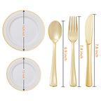 N9R 125PCS White Plastic Plates with Gold Rim & Disposable Gold Plastic Silverware Set, Include 25 Dinner Plates, Dessert Plates, Gold Forks, Knives and Spoons, Sturdy Enough for Wedding Party