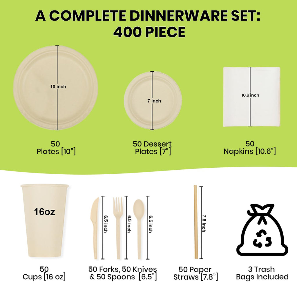 ALPIO 400 Piece Compostable Dinnerware Set for 50 Guests, Biodegradable Paper Plates Set, Eco-Friendly Disposable Plates & Utensils include Paper Plates, Forks Knives Spoons Straws Napkins for Party