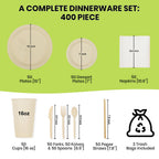 ALPIO 400 Piece Compostable Dinnerware Set for 50 Guests, Biodegradable Paper Plates Set, Eco-Friendly Disposable Plates & Utensils include Paper Plates, Forks Knives Spoons Straws Napkins for Party