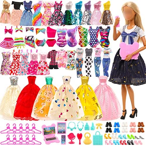 BARWA 70 Pack Doll Clothes and Accessories 3 Wedding Gown Dresses 5 Long Dresses Fashion Dresses 4 Tops 4 Pants 3 Swimsuits Bikini 5 Mini Dresses 15 Shoes Hangers Computer Cosmetic for 11.5 inch Doll