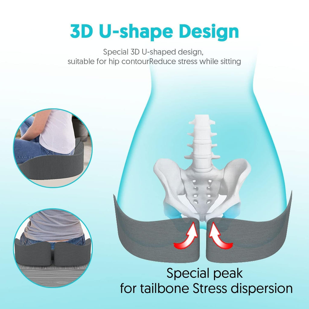 Seat Cushion for Office Chairs - Tailbone & Sciatica & Hip & Coccyx & Low Back Pain Relief Pillow - Memory Foam Pressure Relief Cushion for Long Sitting for Gaming, Compute, Desk Chair, Car Seat