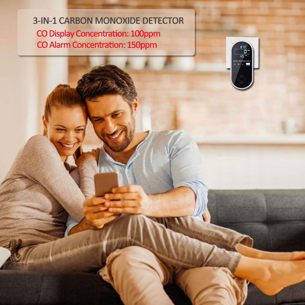 Carbon Monoxide Detector Plug in Wall, WESHLGD Portable Carbon Monoxide Detector for Travel, 3-in-1 CO Detector for Home and Travel Camping(CO Gas Meter Temperature Humidity Sensor)