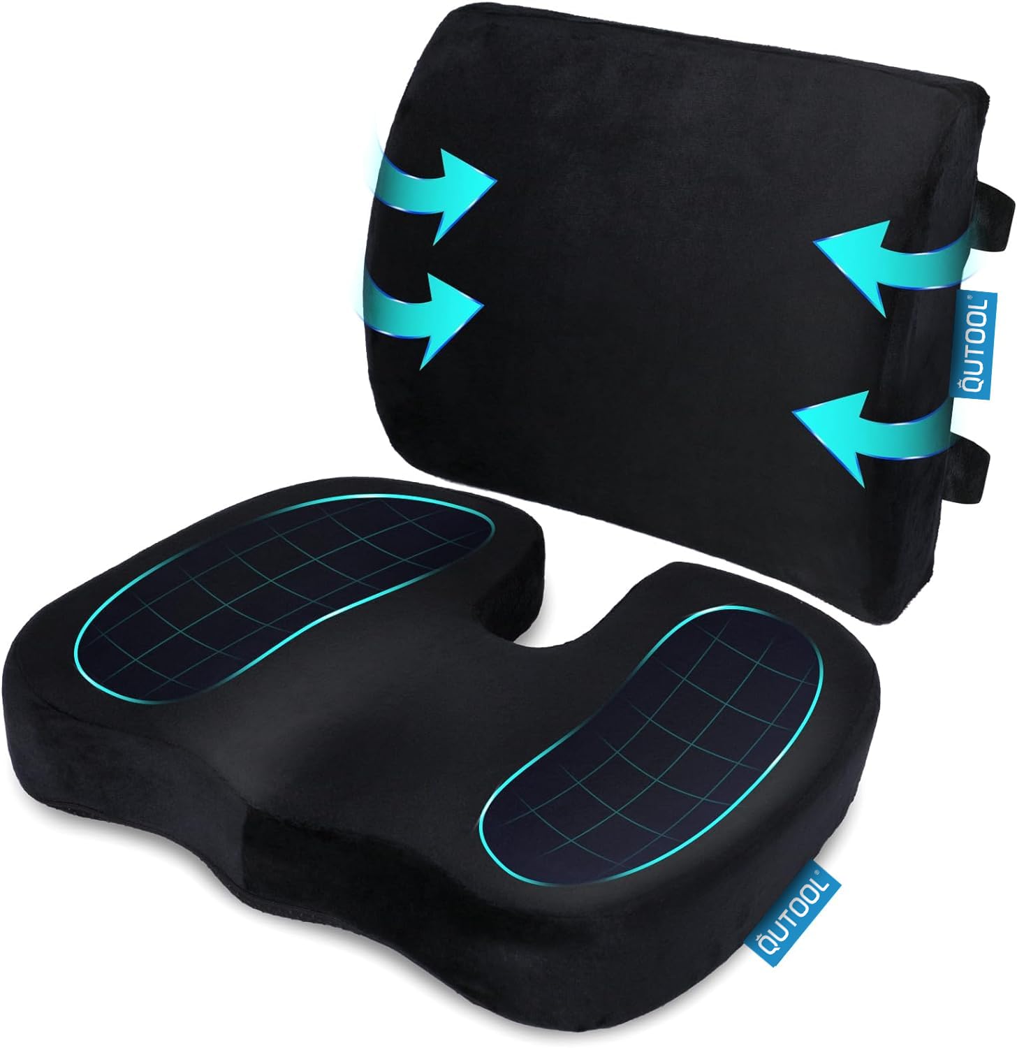 QUTOOL Orthopedic Seat Cushion and Lumbar Support Pillow for Office Chair & Car, Memory Foam with Washable Cover Ergonomic Desk Chair Cushion for Tailbone, Lower Back Pain, Sciatica Relief