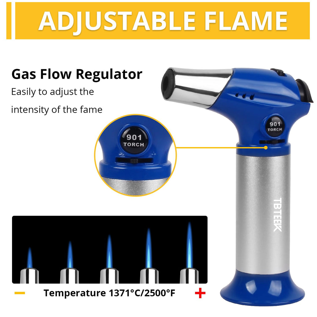 TBTEEK Butane Torch T901, Kitchen Torch Cooking Torch with Safety Lock & Adjustable Flame for Cooking, BBQ, Baking, Brulee, Creme, DIY Soldering(Butane Not Included), Blue
