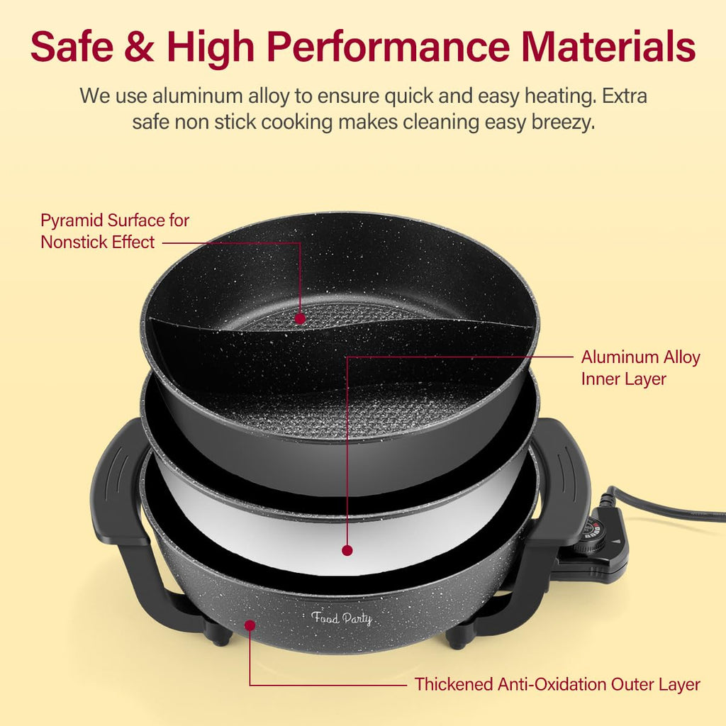 Electric Hot Pot with Divider Hotpot Pot Electric Cooker Shabu Shabu Pot 110V Non-Stick 6L BPA FREE Fondue Chinese Hot Pot