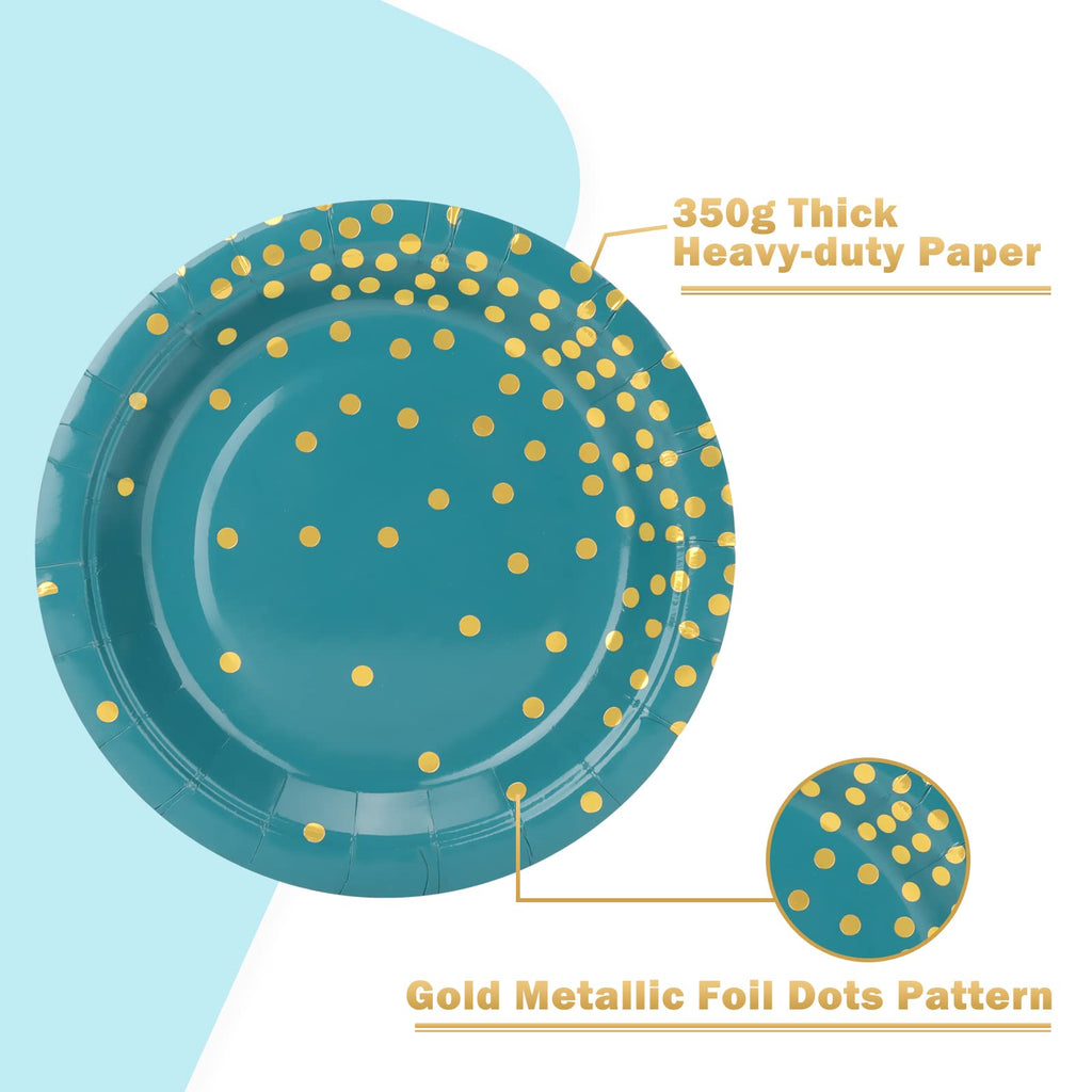 CENLBJ Blue Green Gold Paper Plates,100 Pack Gold Dots Party Paper Plates,Disposable Party Supplies Dessert Paper Plates for Father's Day,Independence Day,Birthday,Picnics(7Inch)