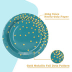 CENLBJ Blue Green Gold Paper Plates,100 Pack Gold Dots Party Paper Plates,Disposable Party Supplies Dessert Paper Plates for Father's Day,Independence Day,Birthday,Picnics(7Inch)