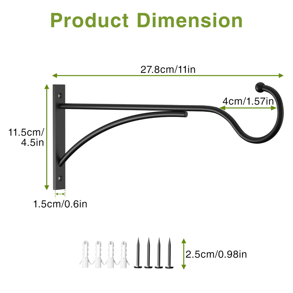 11 Inch Heavy Duty Plant Hangers Outdoor, Metal Plant Brackets for Hanging Baskets, Plant Wall Hooks for Bird Feeders, Wind Chimes & Lanterns, Premium Metal Hooks Matte Black, 30lbs Capacity