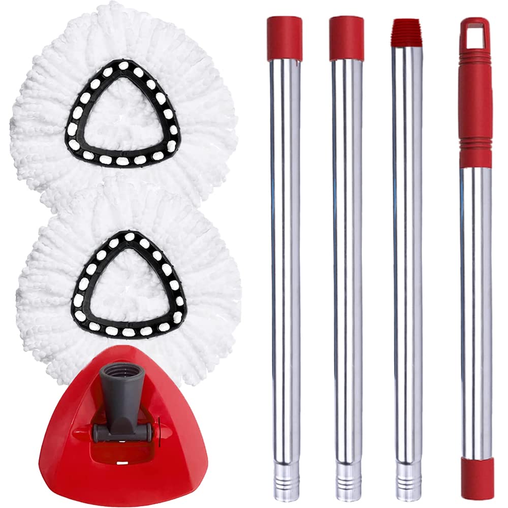 ANREKEYH Spin Mop Head, Base, Handle Replacement for O-Ceda EasyWring Microfiber Spin Mop, 2 Microfiber Mop Refills, 1 Triangle Mop Head Cover and 30-58in Mop Handle Set Combo (White(1 Tank System))