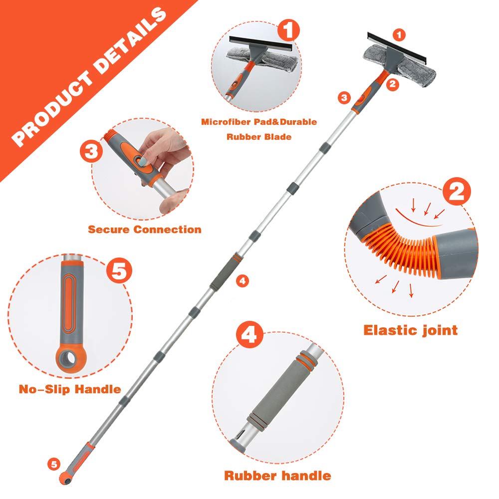 Professional Window Squeegee Cleaner, 2 in 1 Shower Squeegee with Extension Pole, 105‘’ Telescopic Window Washing Equipment with Bendable Head, Glass Cleaning Tools for Indoor/Outdoor High Window