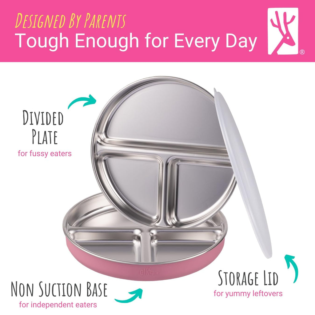 Stainless Steel Divided Plates + Silicone Sleeve and Storage Lid | Baby, Toddler, Kids | Dinner & Snack Plates | 4 Pack