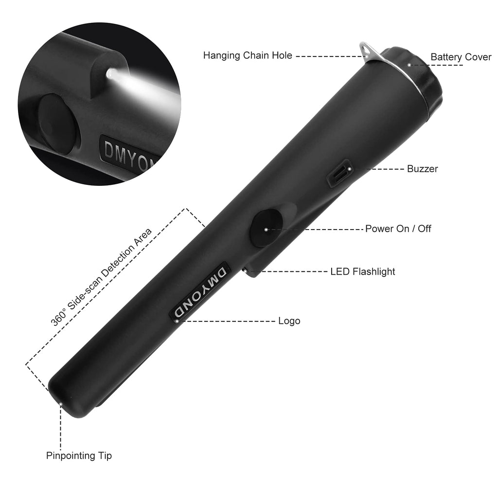Dmyond Metal Detector Pinpointer, Professional Waterproof Handheld Pin Pointer Wand, Search Treasure Pinpointing Finder Probe with 9V Battery for Adults, Kids - Black