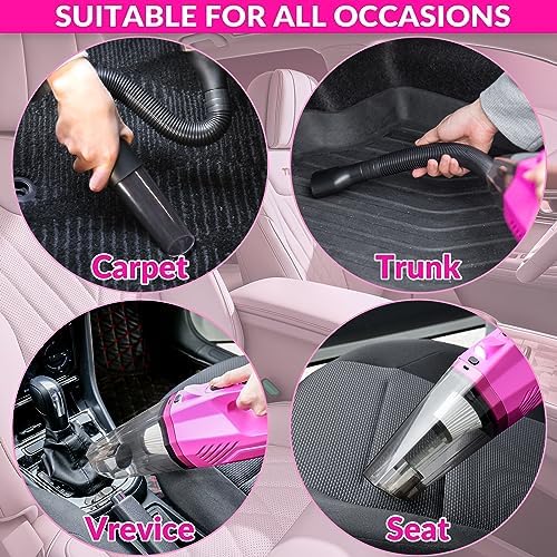 Car Vacuum Detailing Kit, Interior Car Cleaning Kit with High Power Handheld Vacuum and 7Pcs Detailing Brush Set, Well-Designed Women's Pink Car Accessories Bag