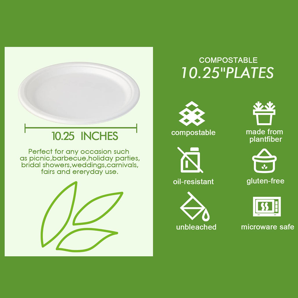 Vplus 150 Pack Compostable Disposable Paper Plates made of 100% Bagasse Natural Biodegradable Eco-Friendly Sugarcane, Super Strong, 10 inch (white)