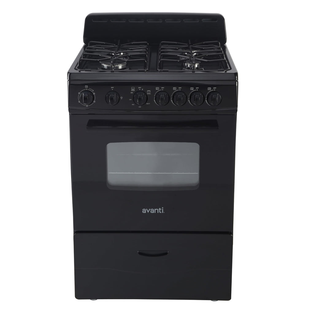 Avanti Gas Range Oven, Compact Freestanding Design, 4 Sealed Burners with Electronic Ignition, 2.6 Cu.Ft. Capacity Features Storage Drawer Broiler and Accessories, 24-Inch, Black