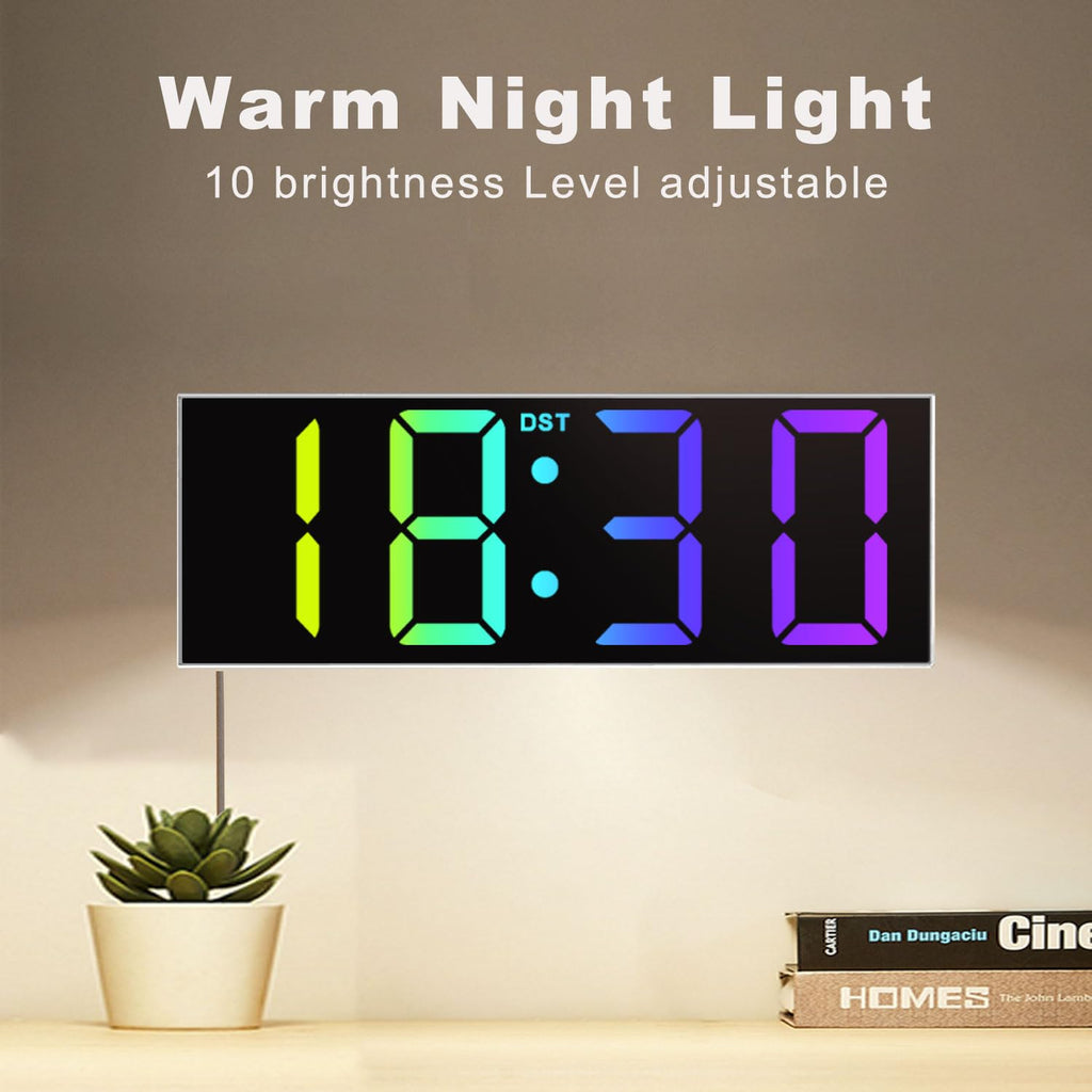 JALL 12'' Large Digital Wall Clock with Remote Control, Big LED Screen Dispaly, 8 RGB Colors, DST, Night Light for Living Room, Bedroom, Gift for Elderly (White)