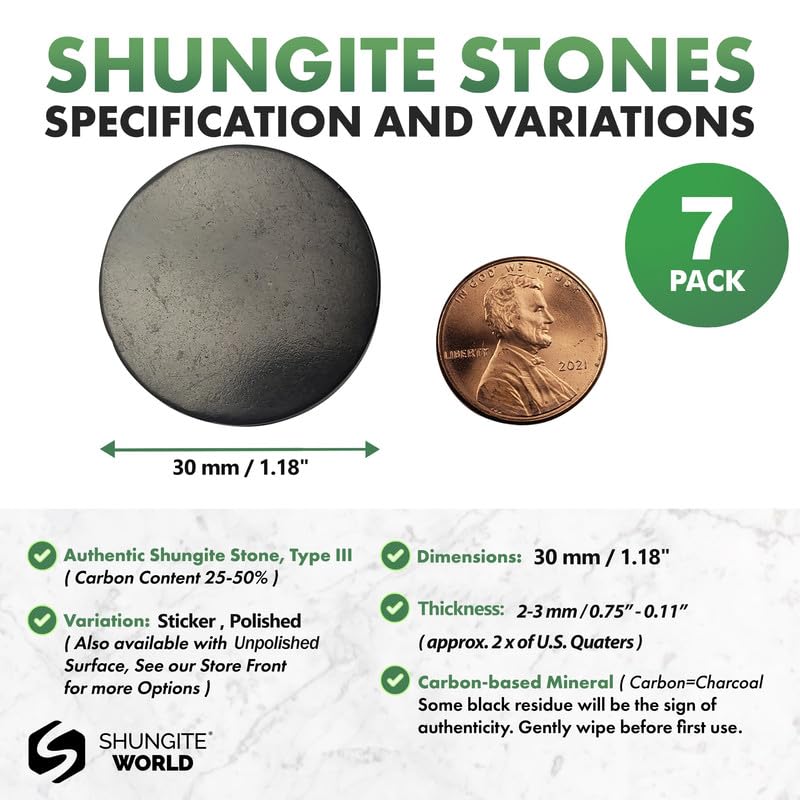 Shungite World 7 pcs Shungite Sticker for Cell Phone Case Tablet Laptop Computer - Round Dot Healing Energy Shungite Stones Protection Plate with Carbon Fullerenes (Polished, 30 mm / 1.18")