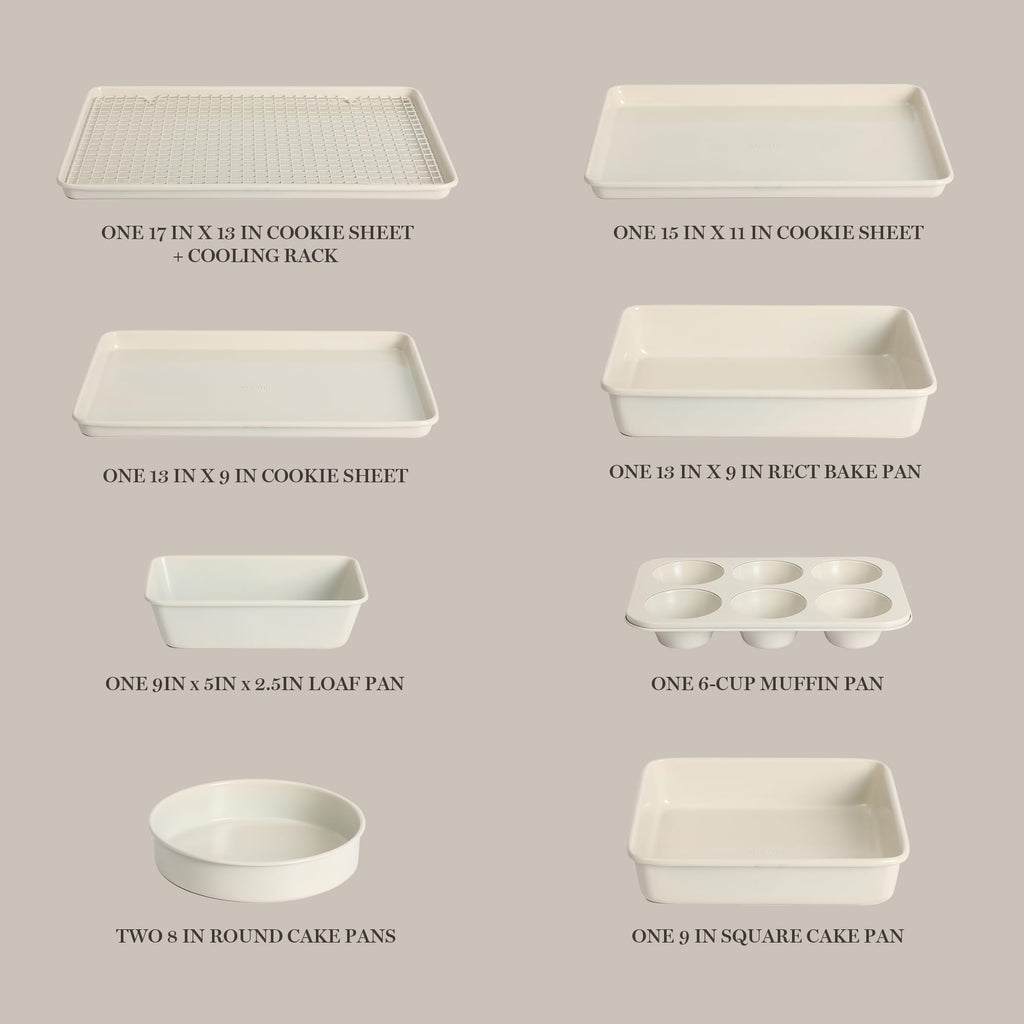 Martha Stewart Gallen 10 Piece Baking Pans Ceramic PFA Free Non Toxic Non Stick Bakeware Set - Linen White