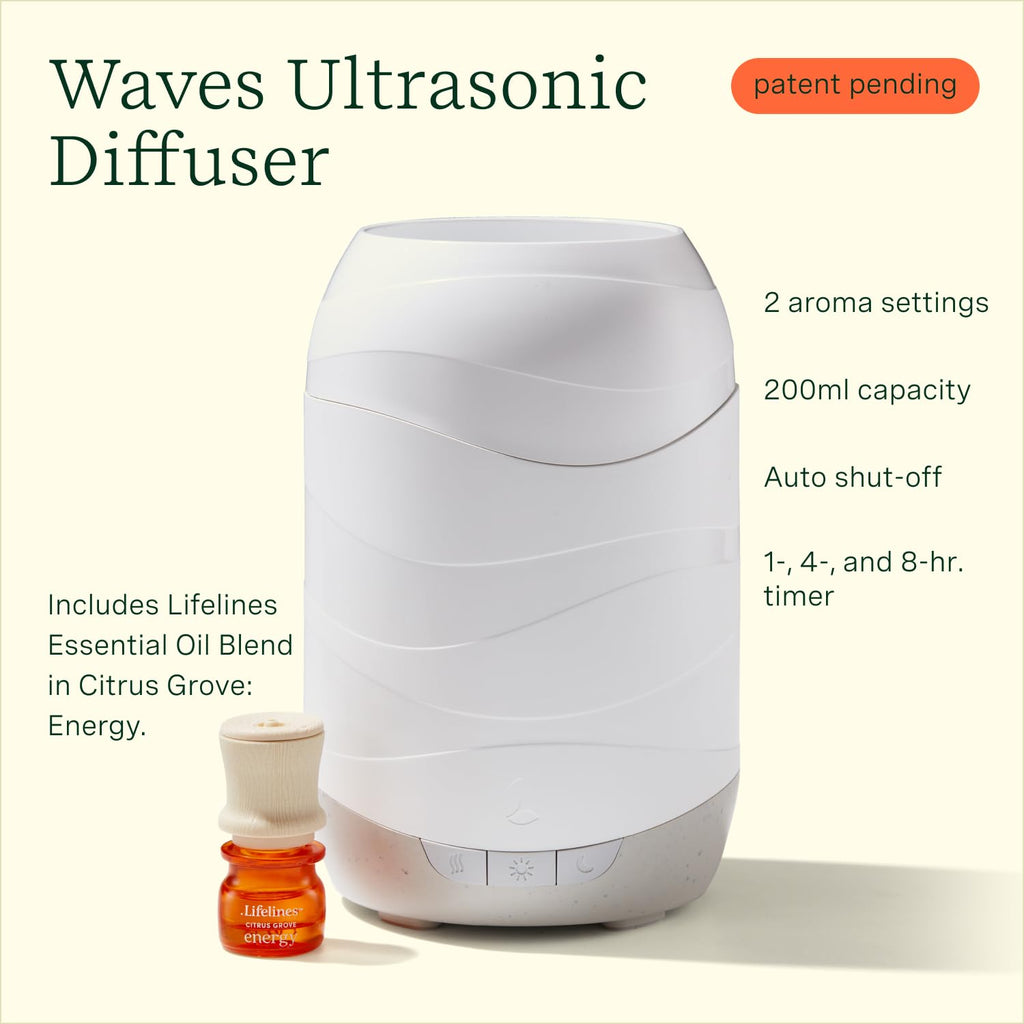 Lifelines 200 ML Waves Ultrasonic Essential Oil Diffuser - Features Cascading Mist & Colored Lights - Essential Oils Diffusers for Home - Lifelines Citrus Grove Essential Oil Blend 3 ML Included