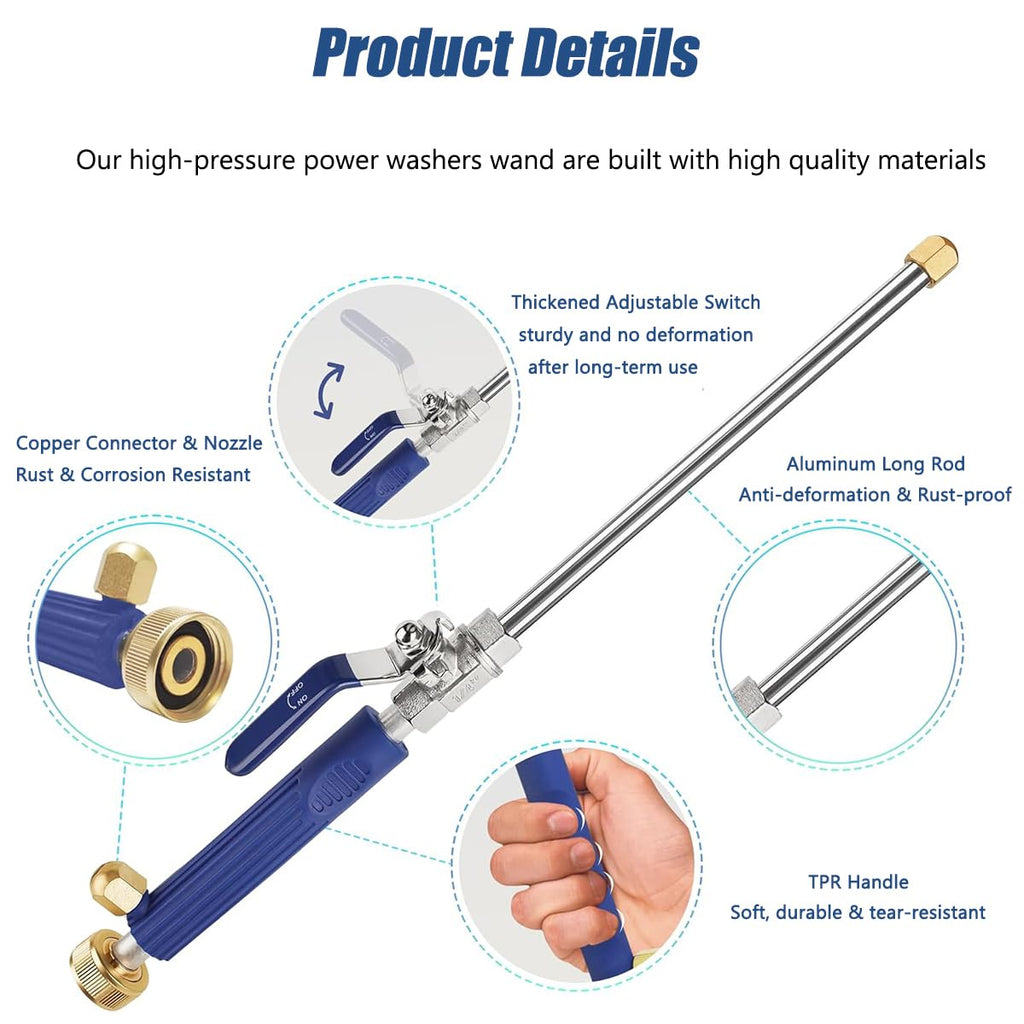 Raddile Hydro Jet High Pressure Power Washer - Magic Power Washer Extendable Wand, Flexible Water Hose Universal Nozzle, Gutter Patio Car Pet Window Cleaning (18inch-Blue)