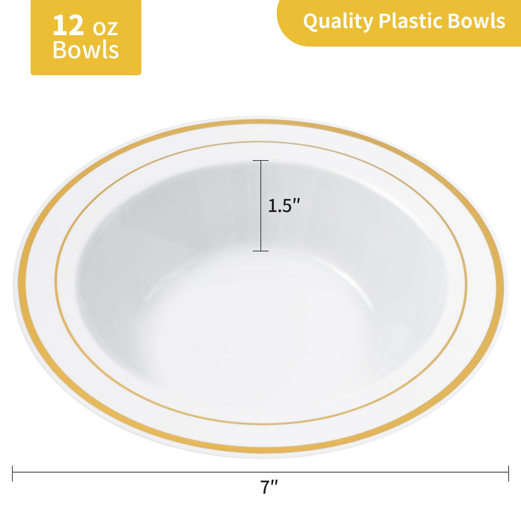 Goodluck 100 Pack Plastic Bowls with Gold Rim, 12oz Disposable Soup Bowls, Heavy Duty Dessert Bowls for Weddings, Parties, Dinners, Catering, and Everyday Use