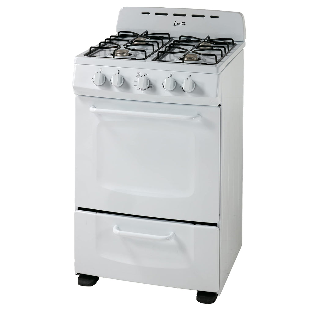Avanti Gas Range Oven, Compact Freestanding Design, 2.6-Cu.Ft. Capacity 4 Sealed Burners with Electronic Ignition, Includes Broiler Storage Drawer and Accessories, 24-Inch, White