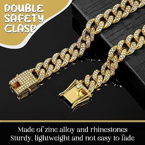 LEIFIDE Dog Chain Collar Diamond Link Dog Collar 12 mm Wide Dog Necklace Metal Cat Chain Pet Crystal Collar Jewelry Accessories for Small Medium Large Dogs Cats (Gold, AB Color, 12 Inch)