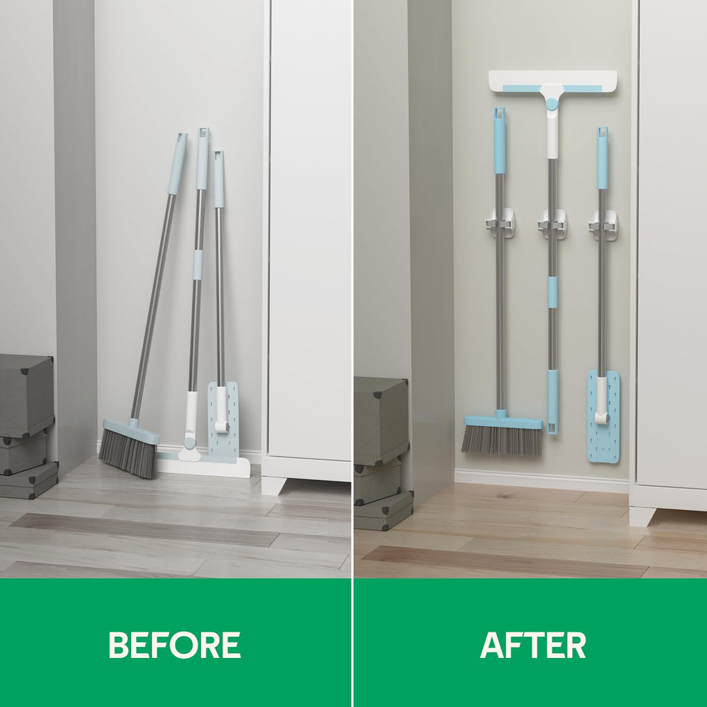 3 Pack Broom Holder Wall Mount Mop Grippers No Drilling Self Adhesive Anti-Slip Mop Handle Hanger Dustpan and Broom Organizer Garage Storage Racks-White