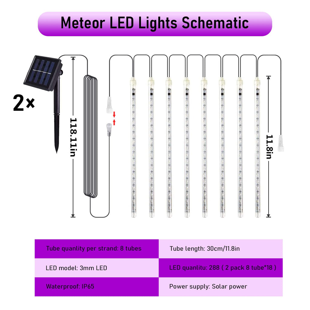 JMEXSUSS 2 Pack Purple Solar Halloween Lights, 16 Tube 288 LED Solar Meteor Shower Rain Lights, Solar Christmas Lights Outdoor Waterproof for Tree Halloween Christmas Decorations
