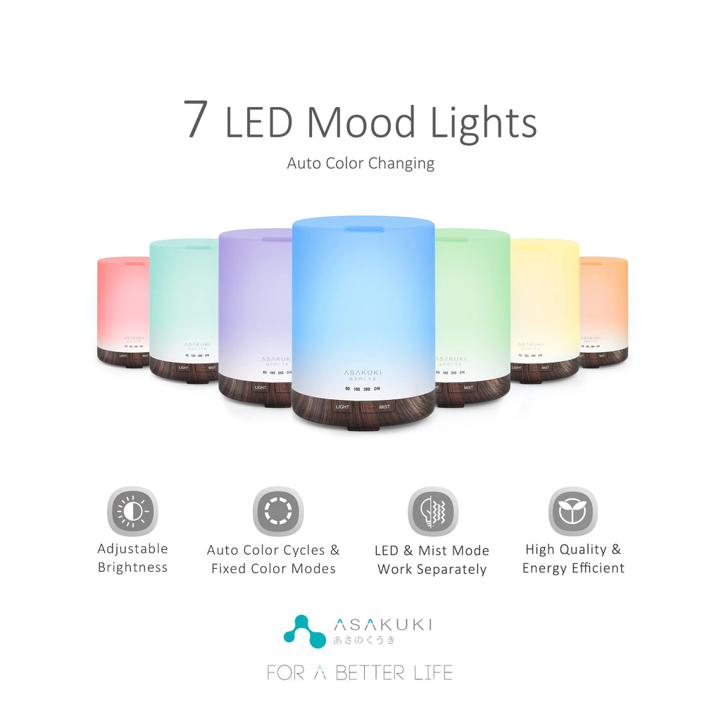ASAKUKI 300ML Essential Oil Diffuser, Quiet 5-in-1 Premium Humidifier, Natural Home Fragrance Aroma Diffuser with 7 LED Color Changing Light and Auto-Off Safety Switch-Dark Brown