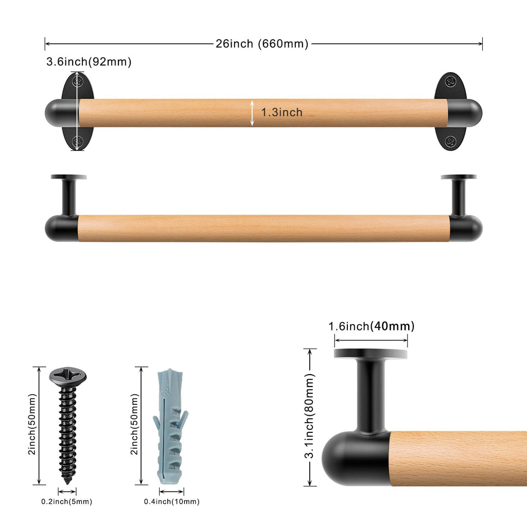 SELEWARE 26 Inch Wood Handrail Indoor Stairs Handrail Wall Mount Handrail w/Sturdy Metal Barckets, Barrier-Free Staircase Grab Bar for Elderly, 1.3 Inch Round