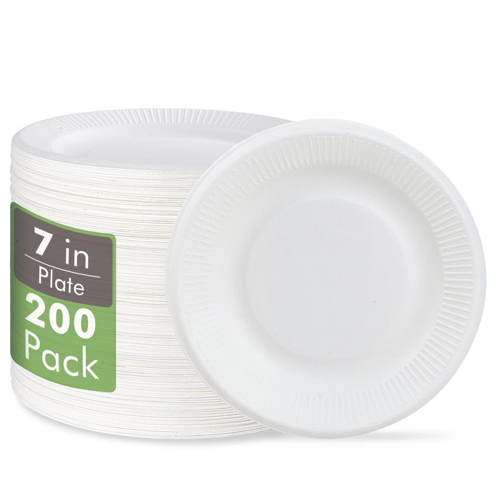 Vplus 100% Compostable Paper Plates, 200 Pack 7 Inch Disposable Paper Plates, Uncoated Biodegradable Plates Made of Sugar Cane Fibers, Perfect for Sandwich, Cake, and Snack