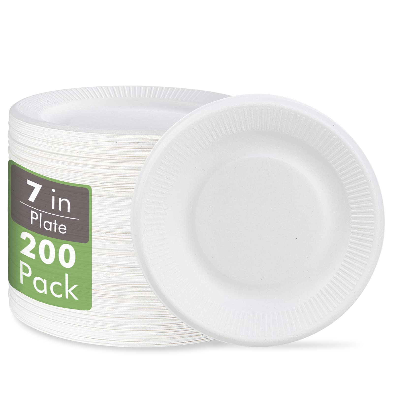 Vplus 100% Compostable Paper Plates, 200 Pack 7 Inch Disposable Paper Plates, Uncoated Biodegradable Plates Made of Sugar Cane Fibers, Perfect for Sandwich, Cake, and Snack