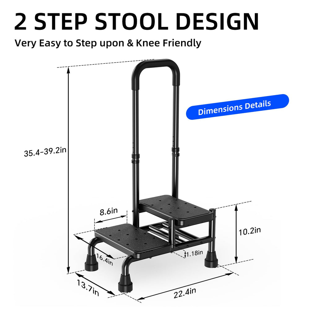 2 Step Stool with Handle for Seniors - Adjustable Handrail &Non-Skid Platform, Heavy Duty 2 Step Stool for Adults, Elderly, Foot Stool for Bedside, Kitchen, Car, Bathtub,Holds up to 440lbs