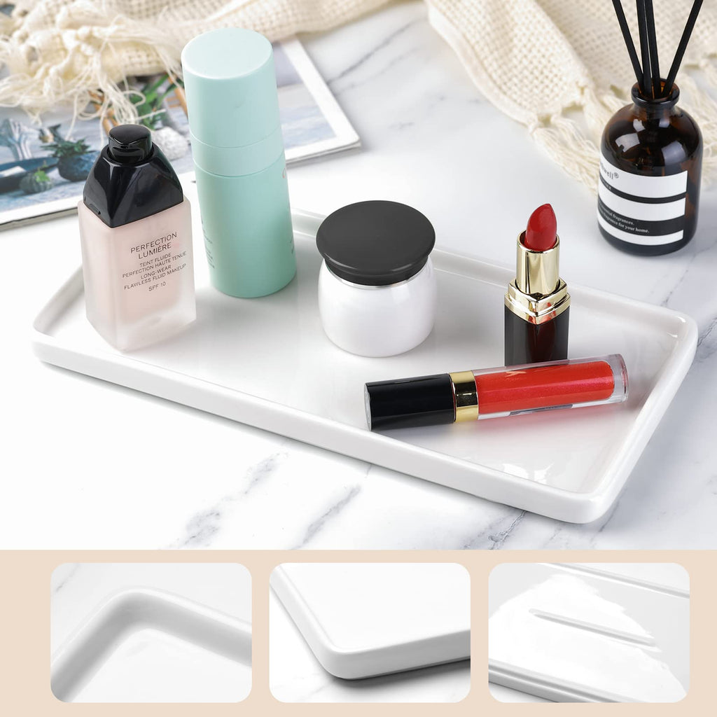 Gurygo 8" Bathroom Trays - Ceramic Vanity Tray for Bathroom - Small Ceramic Tray - Kitchen Soap Trays - Porcelain Dispenser Organizer for Kitchen Bathtub Counter (White)