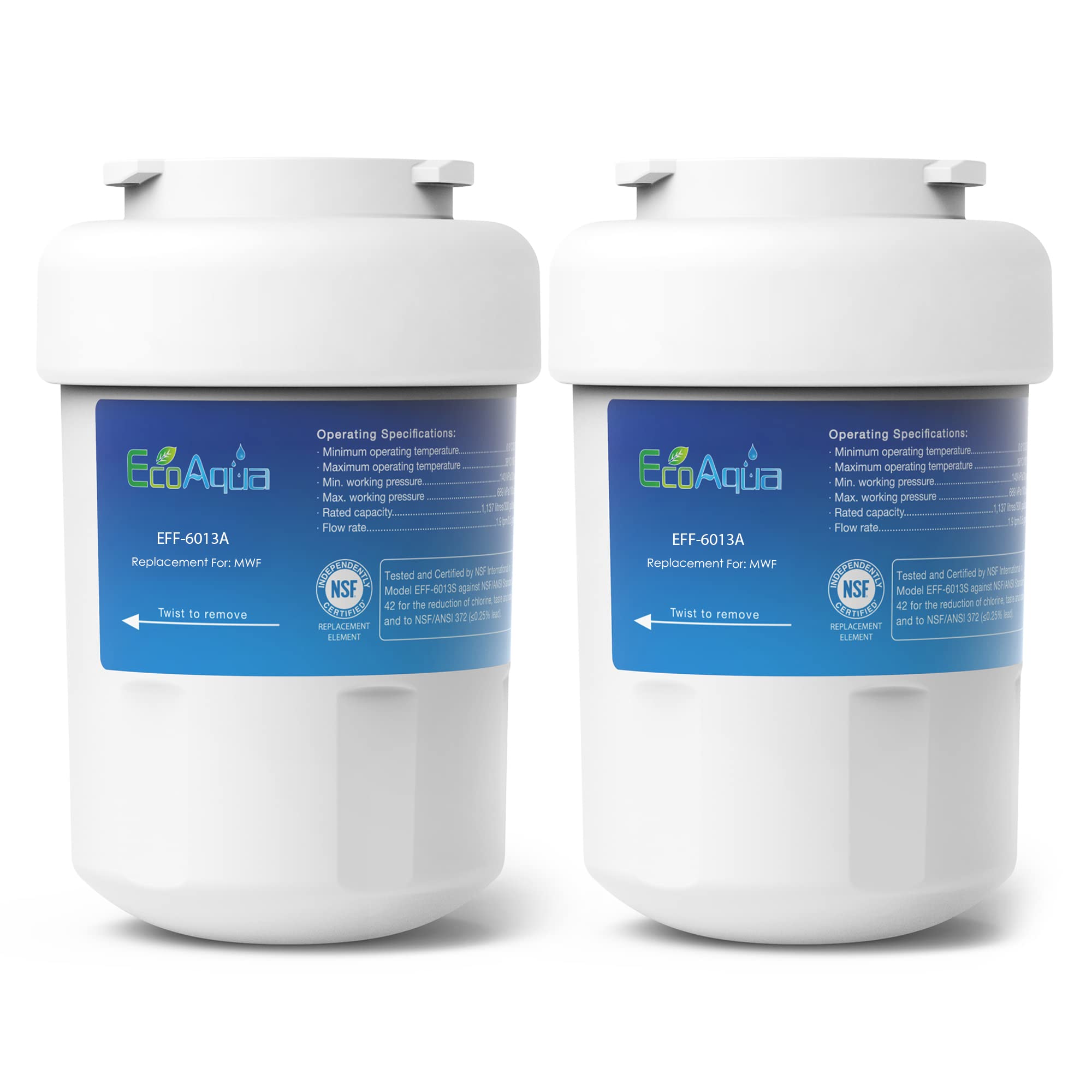 EcoAqua EFF-6013A Replacement Filter, Compatible with GE MWF SmartWater, MWFA, MWFP, GWF, GWFA, 46-9991, HDX FMG-1, WFC1201, GSE25GSHECSS, PC75009, RWF1060 Refrigerator Water Filter, 2 Pack