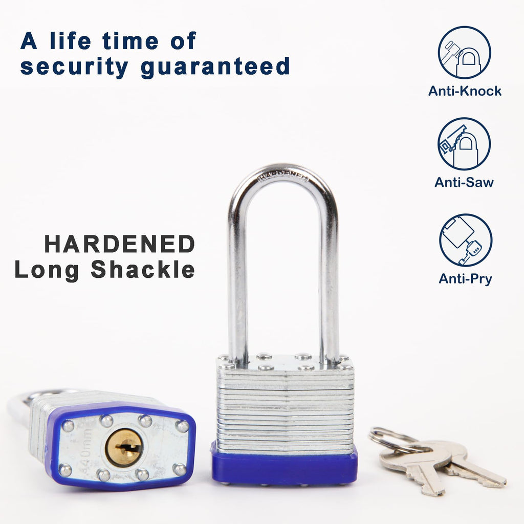 2PCS Heavy Duty Padlock Keyed Alike, 2-3/8" Extra Long Shackle, 40MM 1-9/16" Laminated Steel Lock Body, Ideal for Gym Locker, Sheds, Gate, Warehouse, Tool Box, Hasp (4 Keys Same)