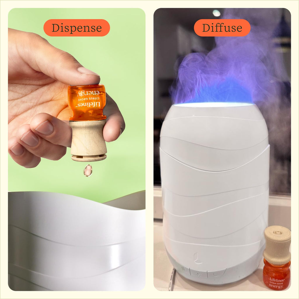 200 ML Waves Ultrasonic Diffuser with Cascading Mist + Essential Oil Discovery Set 5-Pack - 100% Pure Essential Oils & Sustainably Sources Botanicals - Natural - 7.5 ML Bottles