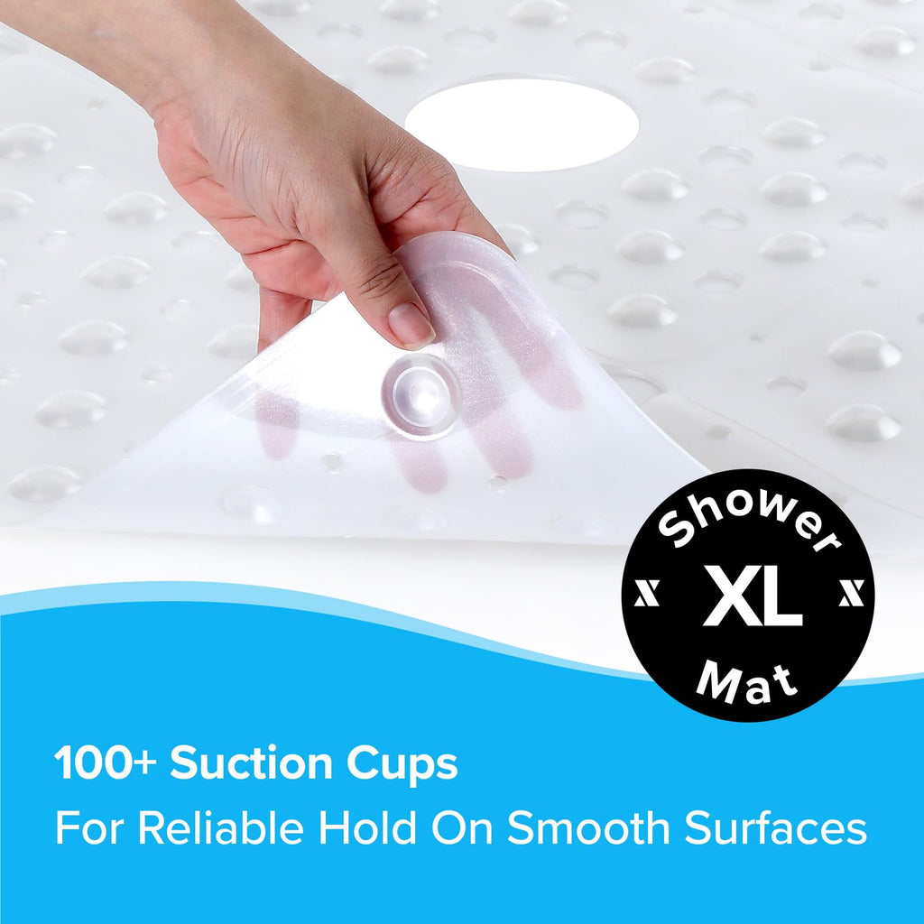 SlipX Solutions Extra Large Square Shower Mat, 27"x27", Non-Slip Stall Mat for Elderly & Kids Standing Bath Tub Mat, Machine Washable, Suction Cups, White Pearl