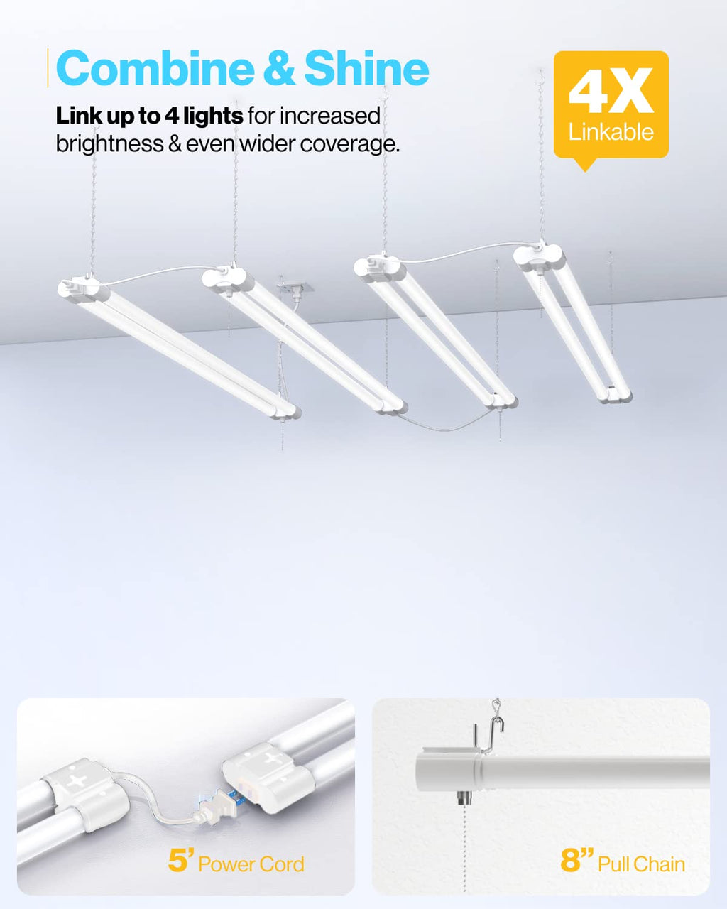 Sunco 12 Pack LED White Hanging Workshop Garage Shop Light 4FT, Plug in Linkable Utility Fixture, 6000K Daylight Deluxe, 40W=260W, 4100 LM, Integrated T8, Pull Chain - ETL