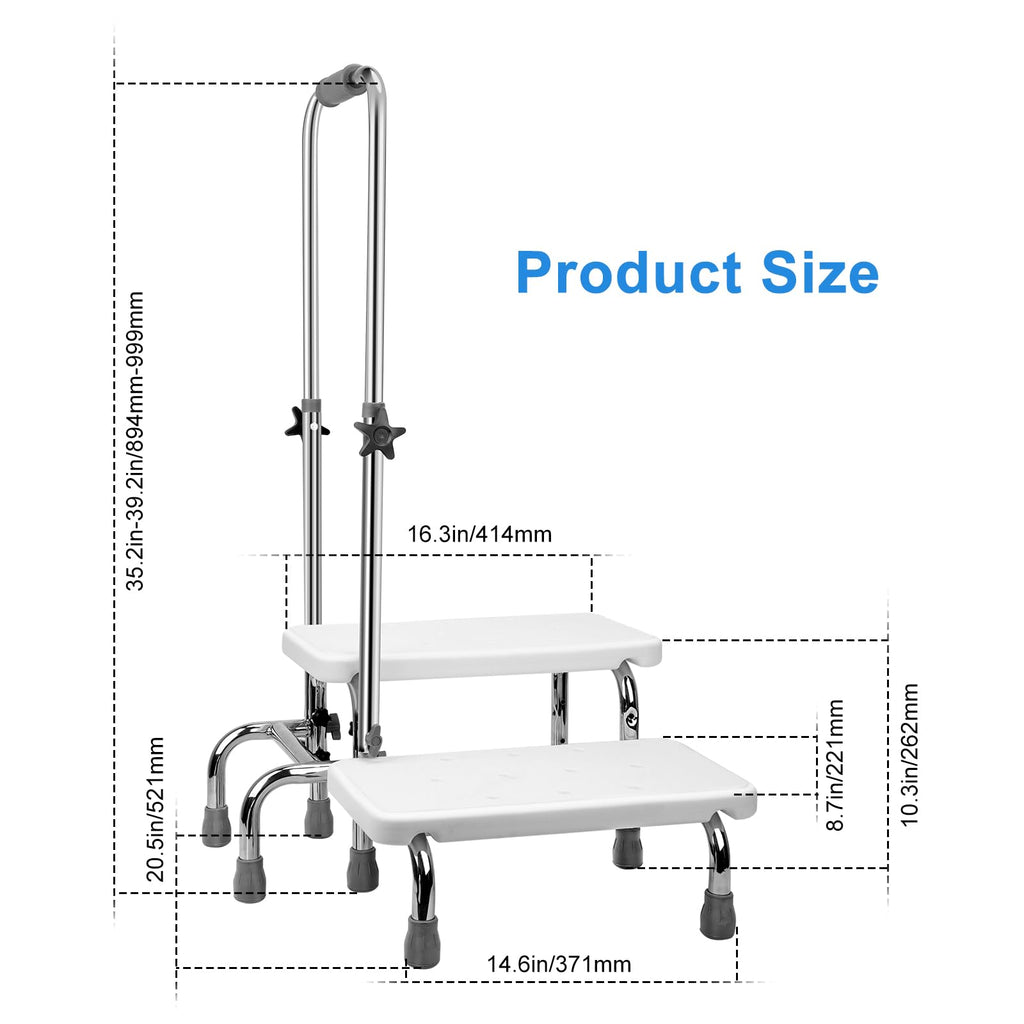 Hotodeal Step Stool with Handle for Elderly, Foot Stool with Handle, Adjustable Height & Non-Skid 2 Steps Medical Step Stool with Handrail, Heavy Duty Hold up to 350lbs for Senior, Surgery Patients